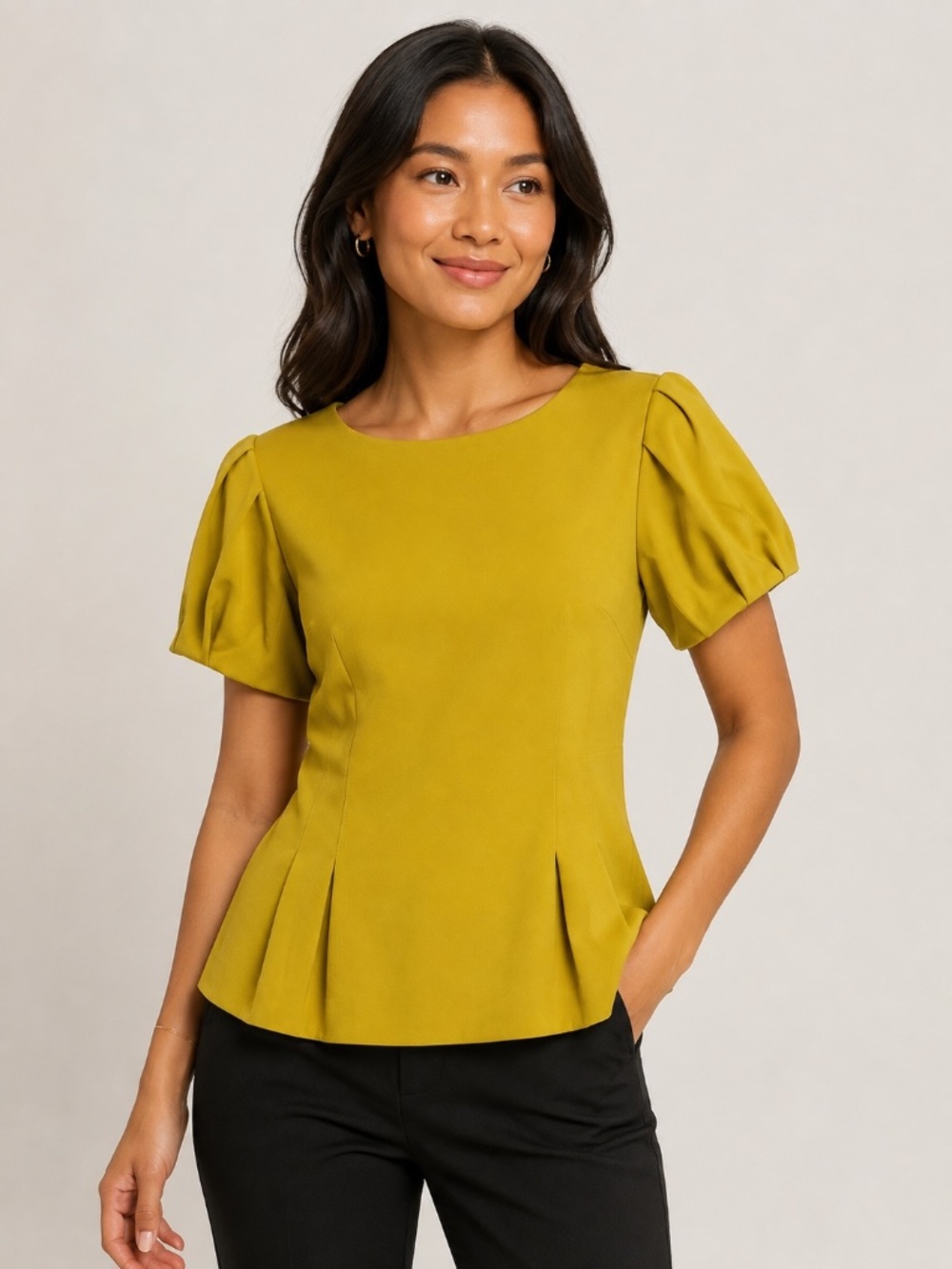 Ann Taylor Mustard Yellow Puff Sleeve Pleated Peplum Blouse -- Size S